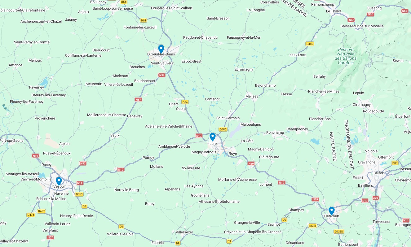 Carte du secteur couvert par Maxence Marquet — Lure, Luxeuil-les-Bains, Héricourt en Haute-Saône